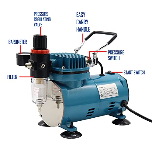 1/5HP Quiet Airbrush Compressor Kit – Dual-Action Gravity Airbrush with Holder, 5 Cleaning Brushes, 1 Reamer & 6FT Hose for Model Painting, Tattoo, Makeup