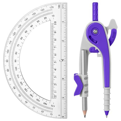 EBOOT Student Geometry Math Set, Drawing Compass and 6 Inch Clear Swing Arm Protractors 180 Degree Math Protractor (Purple) - color: Purple