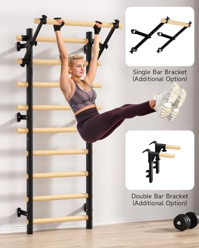 Cofiyard Swedish Ladder Wall Gym, Wooden Wall-Mounted Stall Bars with Pull-up Bar & Exercise Straps & Dip Bars, Stretching Ladder Full Body Home Gym Adults New - color: Black
