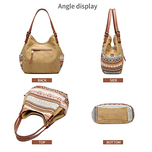Worldlyda Women Canvas Hobo Purse Multi Pocket Tote Shopper Shoulder Bag Casual Top Handle handbag with Embroidery Ethnic - color: Be06brown Pattern 1