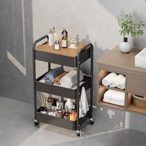 3-Tier Rolling Cart with Table Top, Metal Utility Cart on Wheels | Sturdy Storage Organizer Cart with Lockable Wheels&Hooks for Craft, Office, Classroom, Kitchen and Bathroom, Black - color: Black