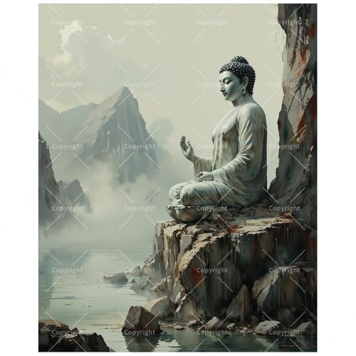 Buddha Statue Paint by Numbers Kit for Adults - DIY Tranquil Buddha on Cliff Painting on Canvas 8x12In, Framed Acrylic Paint Set, Suitable for Beginners, Zen Art for Home Decoration or Gifts - color: TCXY04855, size: 8×12in Framed