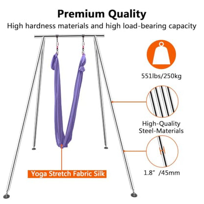 TECSPEC 9.6 FT/115.3 Inch Adjustable Height Aerial Yoga Frame & Hammock, Professional Swing Stand with 18 FT/33FT Aerial Silk, 550lbs Max Capacity - color: Purple