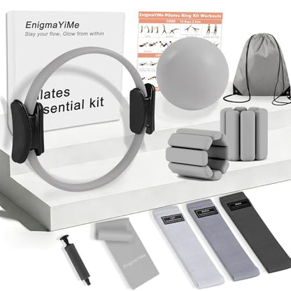 Pilates Ring Kit with Adjustable Ankle Wrist Weights, Resistance Bands, Ball, Pilates Equipment Ball for Home Workout to Tone, Sculpt and Strengthen, Fitness Magic Circle Rings for Yoga Women - color: Gray