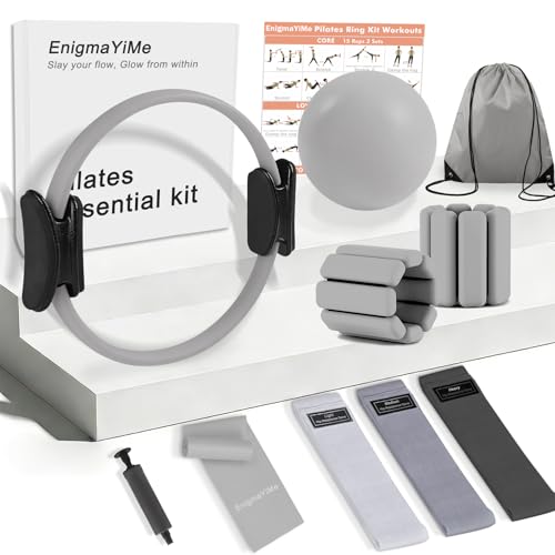 Pilates Ring Kit with Adjustable Ankle Wrist Weights, Resistance Bands, Ball, Pilates Equipment Ball for Home Workout to Tone, Sculpt and Strengthen, Fitness Magic Circle Rings for Yoga Women - color: Gray