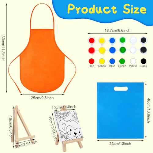 Tenceur 48 Pcs Kids Paint Party Set, 12 Pre Drawn Animal Canvas with Easel | Wooden Easel, Paint Pots, Brushes, Mini Apron, Tote Bag for Art Class, Birthday Parties, Back to School Activities - style: Stylish