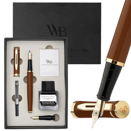 Wordsworth & Black Fountain Pen Gift Set, Medium & Extra Fine Nib, Brown | For Men & Women, Brass Body, 18K German Iridium, Ink Bottle + 6 Cartridges, Converter, Writing & Calligraphy, Journaling - color: Brown Gold
