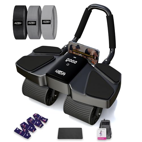 Ab Roller Home Gym Equipment – 4 Wheels Ab Wheel Muscle Roller with Automatic Rebound, Yoga Stretching Strap, 3 Resistance Bands – Comfortable Elbow Support with Non-Slip Handles – Built-in Workout Tracker - color: Black New + 3 Bands + 1 Strap
