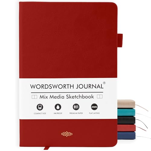 Wordsworth & Black Mixed Media Journal, 96 Pages, A5 Paper, Red | Hardcover Leather, 190 GSM, Journaling Notebook for Work, Sketching, Gift for Women, Men - color: Red