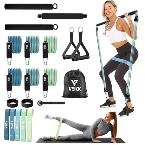VEICK Pilates Bar with Resistance Bands, Handles, Ankle Straps, Door Anchor - color: Blue