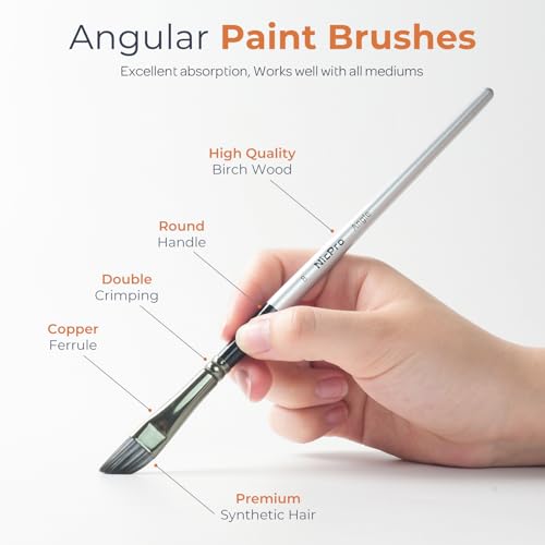 Nicpro 10 PCS Angular Paint Brush Set, Nylon Hair Angled Paint Brushes for Acrylic, Watercolor, Oil, Gouache, Craft, Detail Face Body Art Painting, Base Coating, Artist Paintbrush Kit for Kid & Adult - size: Angular