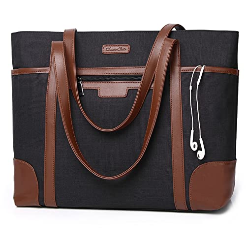 Laptop Bag for Women,ChaseChic Waterproof Classic Teacher's Tote Bag 15.6in Computer Work Bags for Women with Luggage Strap - color: Black & Brown-15.6in