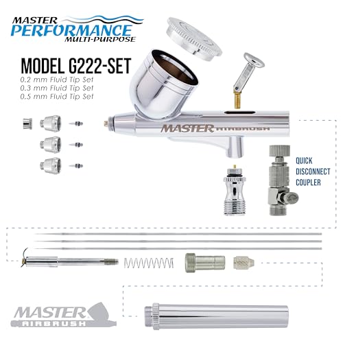 Master Airbrush G222 Multi-Purpose Dual-Action Gravity Feed Airbrush Gun Set for Model Painting, Graphics, Cake & Art - Air Brush Gun Kit with 3 Nozzle Sets (0.2, 0.3, 0.5mm), 1/3 oz Cup & Air Hose