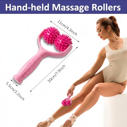 Handheld Spiky Massage Balls Rollers, 2 Wheel Spiky Silicone Manual Massage Roller with Ergonomic Handle, Portable Pressure Point Muscle Massages Tool for Foot Arm Body Neck Leg Pain Pressure Relief - color: Pink