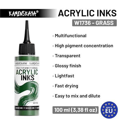 Acrylic Inks for Artists - Grass Acrylic Ink, 3.38 Fl Oz (100 ml) | Highly Concentrated, Multifunctional Liquid Acrylic Paint - color: Grass