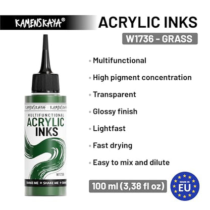 Acrylic Inks for Artists - Grass Acrylic Ink, 3.38 Fl Oz (100 ml) | Highly Concentrated, Multifunctional Liquid Acrylic Paint - color: Grass