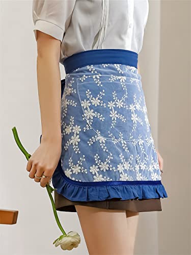 Unisex Chef Aprons White Retro Cotton Maid Short 2 Pockets Waist Waiter Waitress Half Apron - color: Blue-embroidered