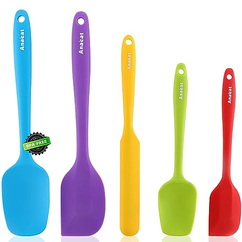 Anaeat Silicone Spatula Set of 5 - Seamless One-Pieces Design, Non-Stick Rubber Spatulas BPA Free Kitchen Scraper Flexible for Easy Baking, Cooking, Scraping & Mixing, Heat Resistant & Dishwasher Safe - color: 5 Pcs Spatulas (Multicolour), size: Essential