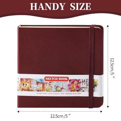 5x5 Pocket Sketch Book,80gsm Hardcover Art Sketchbook for Drawing Journal | PU Cover,Blank Paper,96Sheets/192Pages,Lay-Flat,Portable Travel Creation Paint Diary Memo Planner,Dry Media.Dark Red - color: PU Cover-5x5in-Dark Red