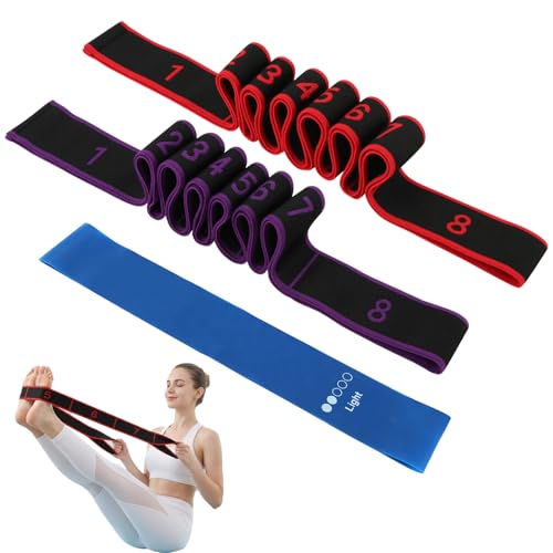 2 Pack Numbered 8 Loop Stretching Strap, Multi-Loop Fitness Resistance Bands for Yoga, Gymnastics, Pilates, Elastic Training Band with Markings, Includes Extra Elastic Loop Band for Home Gym Workout