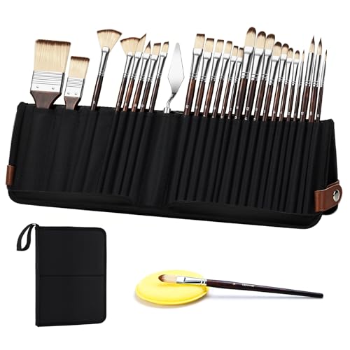 26pcs Paint Brush Set, Professional Paintbrushes with Palette Knife & Self-Standing Case, Nylon Paint Brushes for Acrylic Paint, Oil, Watercolor, Art Supplies for Artists Beginners