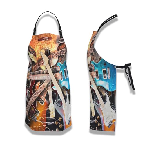 Funny Aprons for Adults Women Guitar Surrounded with the Lightnings Women Apron for Kitchen Cooking Restaurant BBQ Painting Crafting Gardening 27” (W) x 31” (H), Waterproof Apron - color: Guitar