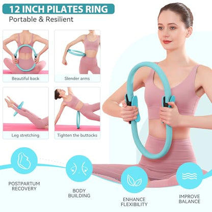 HASHMUST Pilates Ring Kit 12 PCS for Women, Home Workout Equipment with Magic Circle, Mini Exercise Ball, Resistance Bands, Massage Lacrosse, Yoga Strap, Full-Body Fitness Set for Toning & Gift - color: Blue