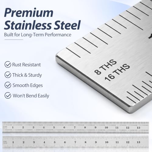 EBOOT 2 Pcs Stainless Steel Ruler Machinist Engineer Ruler with Markings 1/8, 1/16, 1/32, 1/64 Inch for Engineering, School, Office, Architect, and Drawing (14 Inch) - size: 14 Inch