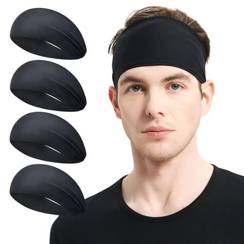 MARKEEP Running Headbands for Men (4 or 6 Pack), Mens Stretchy Headband for Football,Cycling,Basketball,Yoga,Fitness Workout Unisex Quick-Dry Sweatband - color: （4pack）Black, size: One Size