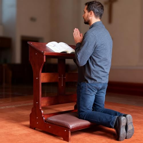 Wood Prayer Bench with Cushion – Kneeler for Home and Church, Padded Kneeling Stool with Slanted Shelf for Bible, 23" x 20" x 32.8"