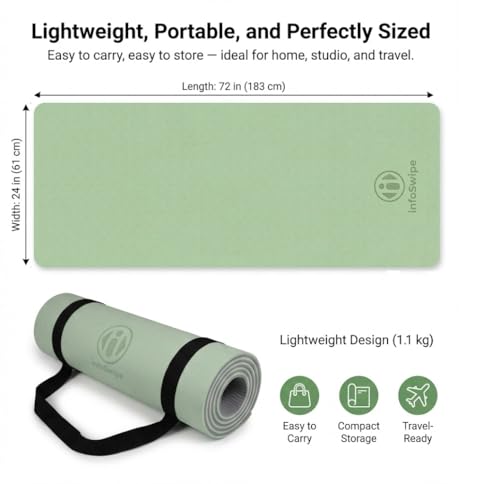 Premium TPE Yoga Mat 6mm Info Swipe – Eco-Friendly Non-Slip, Odor-Free, Lightweight & Durable | SGS Tested, REACH Compliant, GRS Certified | 72"x24" with Carrying Strap - color: Light Green