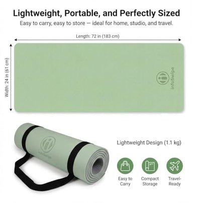 Premium TPE Yoga Mat 6mm Info Swipe – Eco-Friendly Non-Slip, Odor-Free, Lightweight & Durable | SGS Tested, REACH Compliant, GRS Certified | 72"x24" with Carrying Strap - color: Light Green