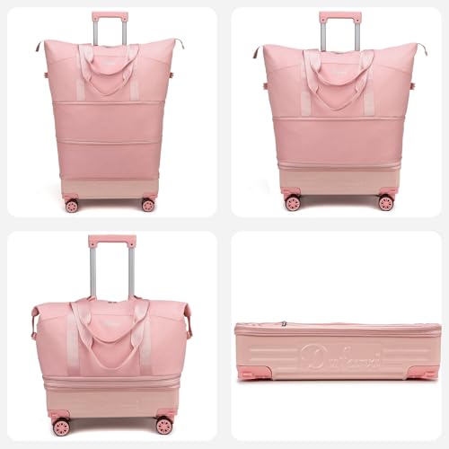 Expandable Rolling Travel Bag with Removable Wheels & Handle, Large Capacity Wheeled Duffle Tote, Foldable Carry On Luggage for Women, Lightweight Weekender Overnight Bag (Pink) - color: Pink
