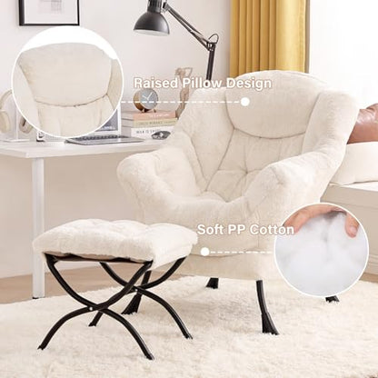 Tiita Lazy Chair with Ottoman, Comfy Reading Accent Chair, Plush Beige | Foldable Footrest, Padded Seat and Backrest, Side Pocket for Lounging in Living Rooms, Bedrooms, Dorms and Small Spaces - color: Plush-beige