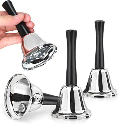 4 Pack Hand Bell, Silver Steel Bell, Ringing Bell with Handle, Dinner Bells for Inside Classroom Bell, for Food Line, Alarm, Jingles, Ringing (Silver) - style: 4 Pack