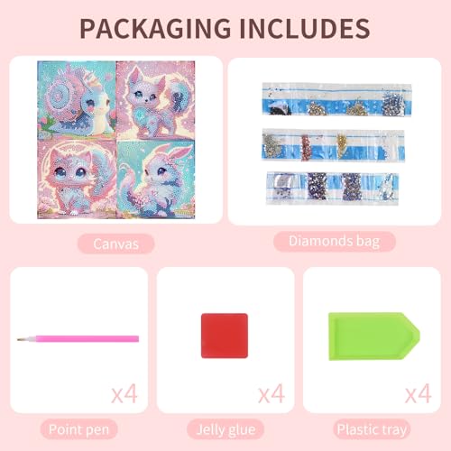 FlyingMage 5D Diamond Art Kits for Adults,Kawaii DIY Painting Art for Women, 4 Pack Cute Diamond Arts and Crafts Sets,Diamond Art Mosaic Kits,Big Gem Full Drill Diamond Dots, Fox Cat Rabbit Snail - color: Pink&Blue Fox+Cat+Rabbit+Snail