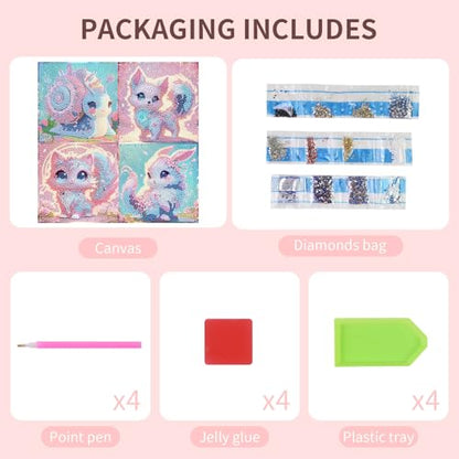 FlyingMage 5D Diamond Art Kits for Adults,Kawaii DIY Painting Art for Women, 4 Pack Cute Diamond Arts and Crafts Sets,Diamond Art Mosaic Kits,Big Gem Full Drill Diamond Dots, Fox Cat Rabbit Snail - color: Pink&Blue Fox+Cat+Rabbit+Snail