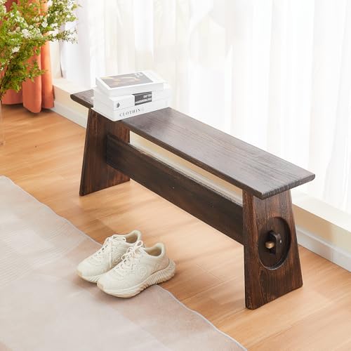 Farmhouse Skinny Narrow Entryway Bench, Rustic Dark Brown Wood | Multi‑purpose slim noodle accent bench for entryway, hallway, mudroom, bedroom, farmhouse rustic seating for compact spaces