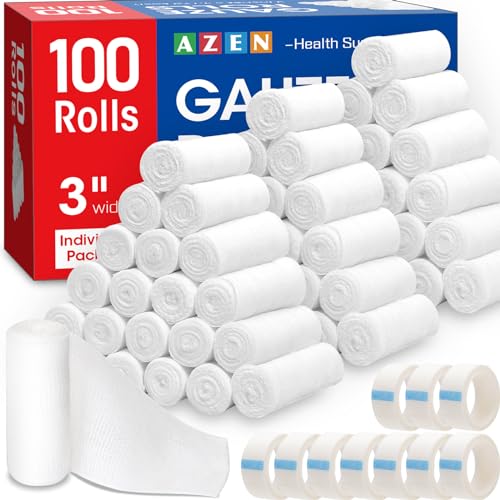 AZEN 100 Pack Gauze Rolls Bandages, 3 in x 4.1 Yards, First Aid Supplies & Premium Medical Supplies, Bandage Wrap Vet Wrap - color: 100p, size: 3IN
