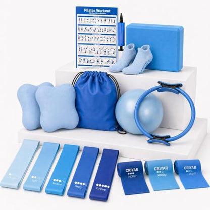 Pilates Kit, Home Pilates Equipment for Women, Workout Kit with 14.5" Pilates Ring and Ball,Yoga Block, Yoga Knee Pad Mats, Resistance Bands, Grip Socks Accessories，Blue
