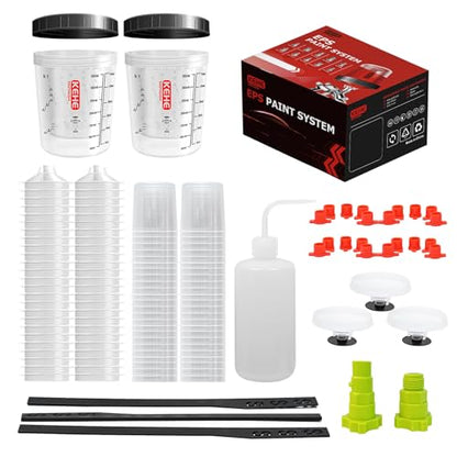Disposable Paint Cups for Spray Gun,Mixing Cups 12 Ounce (350ml) Kit with 50 Liners and Lids with Strainer System for HVLP&LVLP,2 Hard Cups with Retainer Ring,20 Plugs,3 Caps,2 Adapters,1 Wash Bottle - size: 12 oz (Small)-50Pack