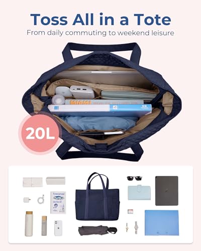 BAGSMART Crush Tote Bag for Women, 20L Puffer Work Tote with Zipper, Travel Essentials Quilted Nurse Hospital Bag - color: Navy Blue