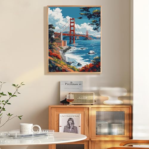 Fountor Paint by Numbers Kit for Adults Beginner, Golden Gate Bridge Adult Paint by Number Kits on Canvas Without Frame, San Francisco Scenery Oil Paint by Numbers for Home Decor Gift 16” W x 20”L - color: LOP815, size: Frameless