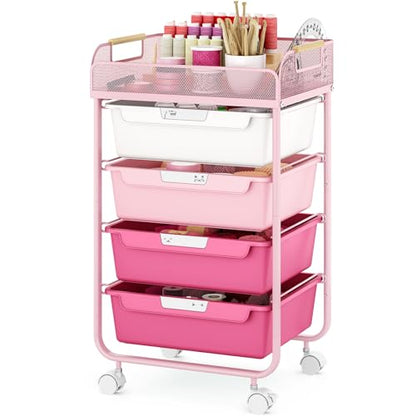 SYKIARIOL 4-Drawer Rolling Storage Cart with Mesh Top, Rose Pink | Utility Craft Organizer Cart on Wheels with DIY Labels, Rolling Drawer Cart for Home Office Classroom Bedroom - color: Gradient Pink