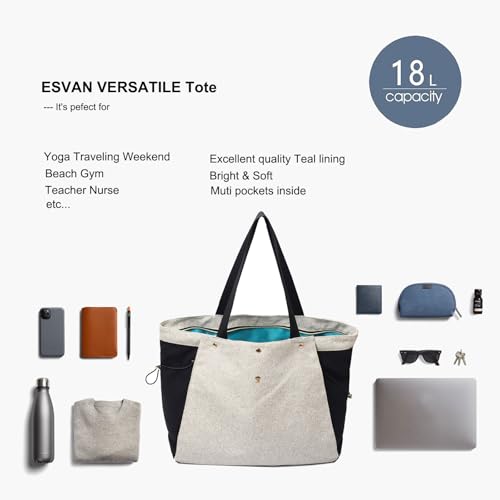 ESVAN Yoga Mat Bag, Gym Bag Tote Bag with Multi Pockets For Women Drawstring Yoga Mat Carrier Pilates Travel Workout Office - color: Linen Black Beige