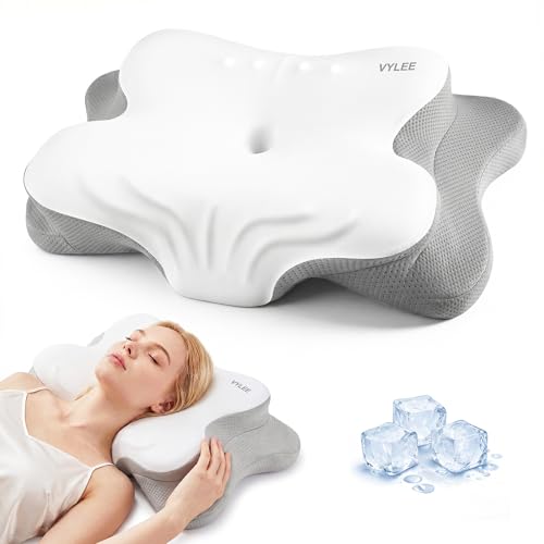 VYLEE Ergonomic Memory Foam Pillow for Neck Pain Relief – Cooling Side & Back Sleeper Support – Orthopedic Contour Bed Pillow with Breathable Cover – Cervical Support, Deep Sleep Comfort - color: Grey
