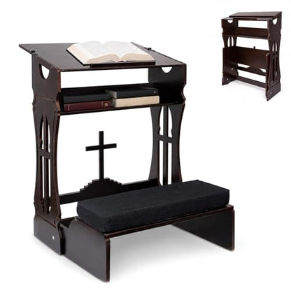 Foldable Prayer Kneeler,Wooden Prayer Bench with Storage Shelf, Cushion Pad,Portable Kneeling Devotional Pew Bench,31" H x 22" W,Ideal for Church and Chapel,Black