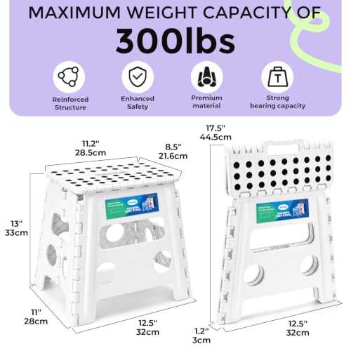 Dyforce Folding Step Stool 13 Inch,300lbs Foldable Stool for Adults & Kids | Stepping Stool White,Non-Slip Plastic Compact Foot Stool with Carry Handle,Lightweight for Bathroom Kitchen Bedroom Garden - color: White, size: 13inch