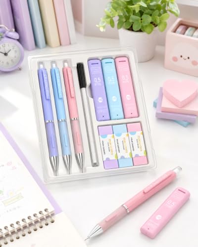 Four Candies 0.5mm Pastel Mechanical Pencil Set with Case, 3-Pack | 360 Leads, 3 Erasers+9 Refills, Cute Pink/Purple/Blue Barrels, Non-Slip Grip, Fine Lines for Notes, Tests & Drawing - style: 0.5mm