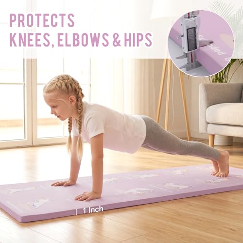MABOZOO 1 Inch Thick Kids Yoga Mat with 12 Printed Poses - Non-Slip PU Leather Exercise Mat for Children - Safe Material Workout Mat for Home, School (60" x 24", Pink)